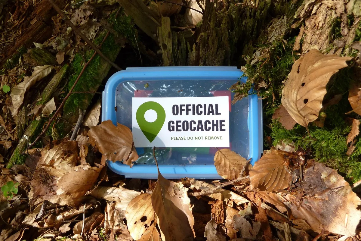Blue geocache container with an “Official Geocache” sticker among leaves and moss in the forest
